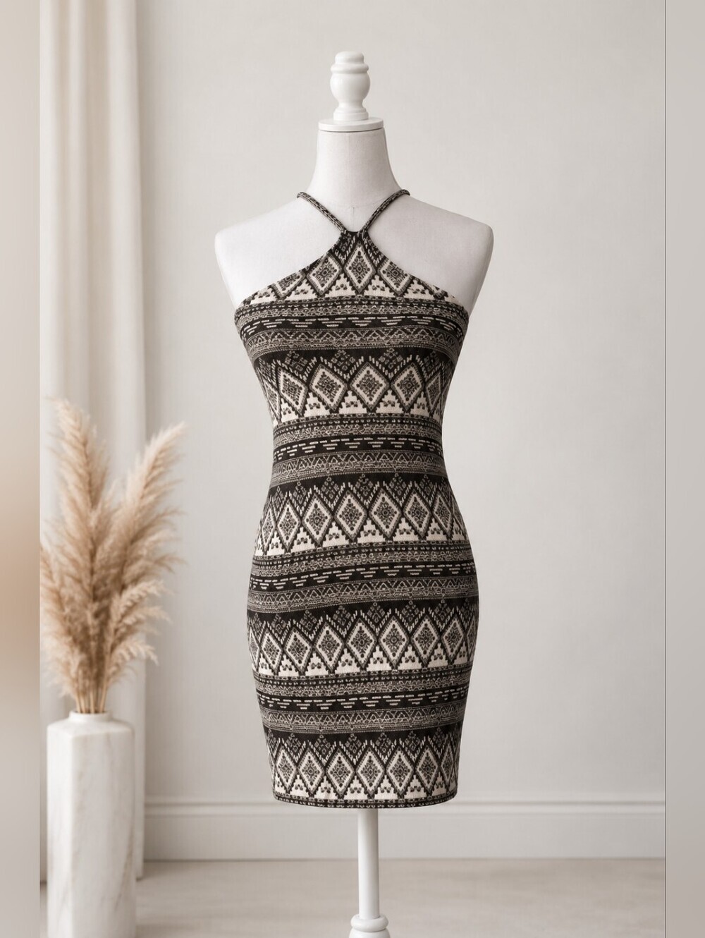 Derek Heart Olive Green & Cream Bodycon Halter Dress Women's Size Small